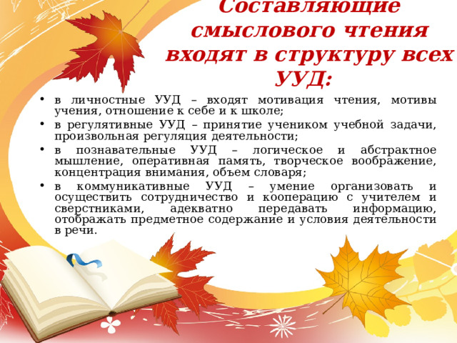 Составляющие смыслового чтения входят в структуру всех УУД:     в личностные УУД – входят мотивация чтения, мотивы учения, отношение к себе и к школе; в регулятивные УУД – принятие учеником учебной задачи, произвольная регуляция деятельности; в познавательные УУД – логическое и абстрактное мышление, оперативная память, творческое воображение, концентрация внимания, объем словаря; в коммуникативные УУД – умение организовать и осуществить сотрудничество и кооперацию с учителем и сверстниками, адекватно передавать информацию, отображать предметное содержание и условия деятельности в речи. 