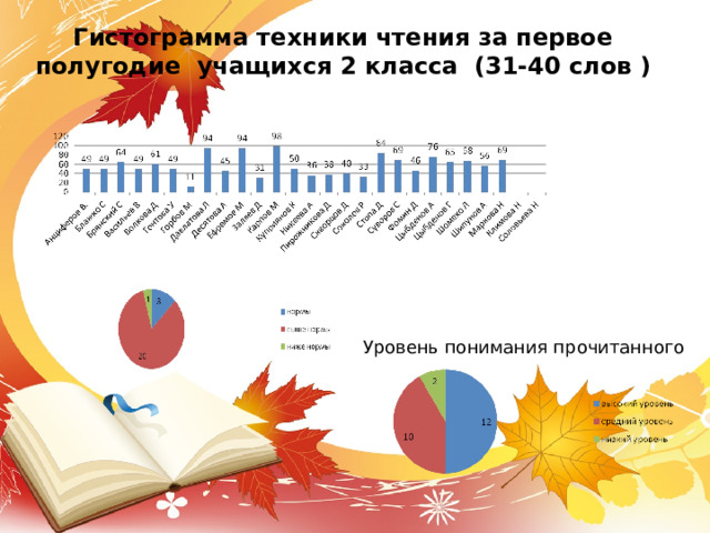    Гистограмма техники чтения за первое полугодие учащихся 2 класса (31-40 слов )   Уровень понимания прочитанного 