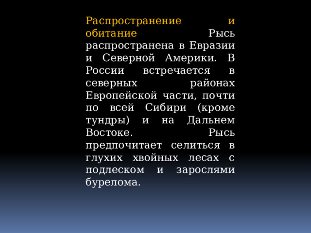 Распространение и обитание Рысь распространена в Евразии и Северной Америки. В России встречается в северных районах Европейской части, почти по всей Сибири (кроме тундры) и на Дальнем Востоке. Рысь предпочитает селиться в глухих хвойных лесах с подлеском и зарослями бурелома. 