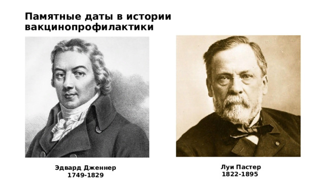 Памятные даты в истории вакцинопрофилактики   Луи Пастер 1822-1895   Эдвард Дженнер 1749-1829 