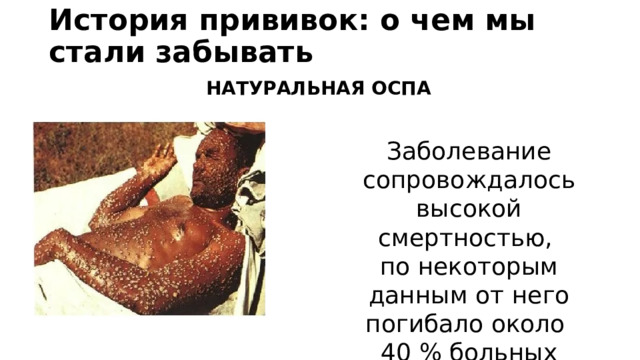 История прививок: о чем мы стали забывать   НАТУРАЛЬНАЯ ОСПА Заболевание сопровождалось высокой смертностью, по некоторым данным от него погибало около 40 % больных 