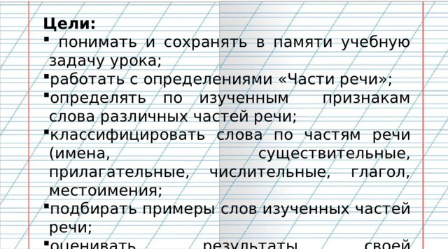 Цели:  понимать и сохранять в памяти учебную задачу урока; работать с определениями «Части речи»; определять по изученным признакам слова различных частей речи; классифицировать слова по частям речи (имена, существительные, прилагательные, числительные, глагол, местоимения; подбирать примеры слов изученных частей речи; оценивать результаты своей деятельности. 