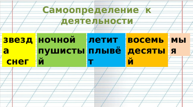 Самоопределение к деятельности звезда ночной мы летит восемь  снег пушистый я плывёт десятый 