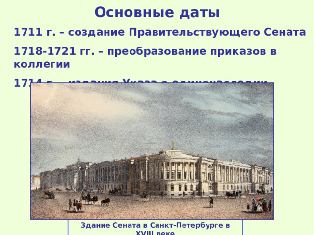 Основные даты 1711 г. – создание Правительствующего Сената 1718-1721 гг. – преобразование приказов в коллегии 1714 г. – издания Указа о единонаследии  Здание Сената в Санкт-Петербурге  в XVIII веке 