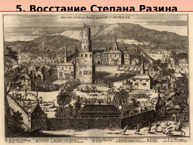 5. Восстание Степана Разина II этап восстания  Весной 1670 г. начался второй период восстания, то есть собственно война. От этого момента обычно отсчитывают начало восстания. Разинцы захватили Царицын и подошли к Астрахани , сдавшейся без боя. Там они казнили воеводу и дворян и организовали собственное правительство во главе с Василием Усом и Федором Шелудяком . Степан Разин 