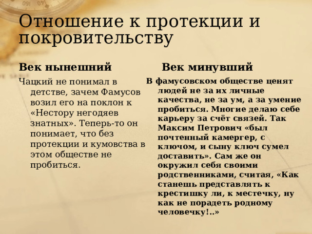 Отношение к протекции и покровительству Век нынешний Век минувший Чацкий не понимал в детстве, зачем Фамусов возил его на поклон к «Нестору негодяев знатных». Теперь-то он понимает, что без протекции и кумовства в этом обществе не пробиться. В фамусовском обществе ценят людей не за их личные качества, не за ум, а за умение пробиться. Многие делаю себе карьеру за счёт связей. Так Максим Петрович «был почтенный камергер, с ключом, и сыну ключ сумел доставить». Сам же он окружил себя своими родственниками, считая, «Как станешь представлять к крестишку ли, к местечку, ну как не порадеть родному человечку!..» 