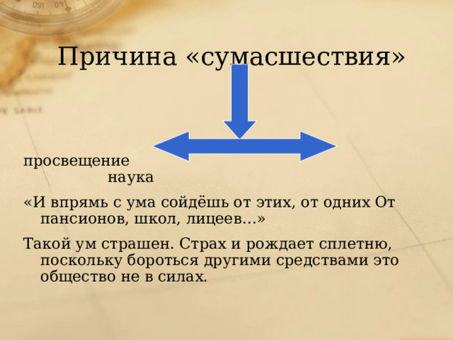 Причина «сумасшествия» просвещение наука «И впрямь с ума сойдёшь от этих, от одних От пансионов, школ, лицеев…» Такой ум страшен. Страх и рождает сплетню, поскольку бороться другими средствами это общество не в силах.  