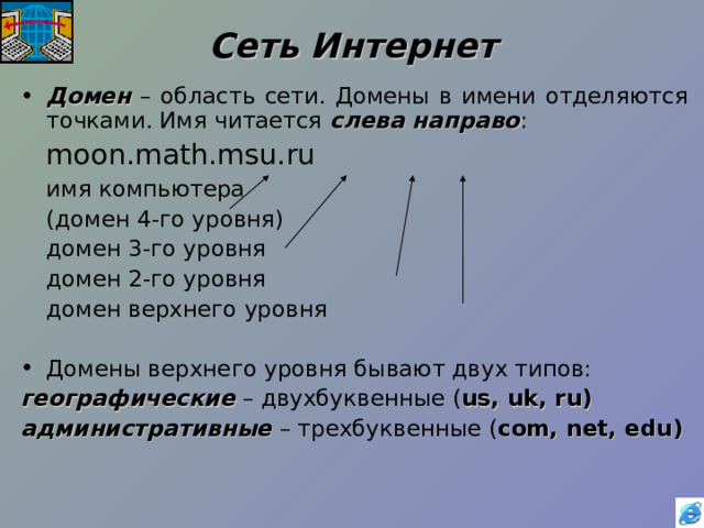 Сеть Интернет Домен – область сети. Домены в имени отделяются точками. Имя читается слева направо :     moon.math.msu.ru  имя компьютера  (домен 4-го уровня)    домен 3-го уровня     домен 2-го уровня      домен верхнего уровня Домены верхнего уровня бывают двух типов: географические – двухбуквенные ( us, uk, ru ) административные – трехбуквенные ( com, net, edu ) 