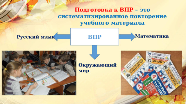 Подготовка к ВПР – это систематизированное повторение учебного материала ВПР Математика Русский язык Окружающий мир 