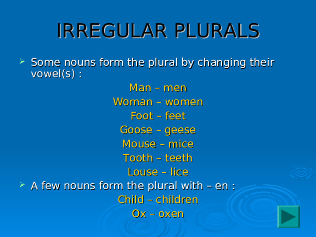 IRREGULAR  PLURALS Some nouns form the plural by changing their vowel(s) : Man – men Woman – women Foot – feet Goose – geese Mouse – mice Tooth – teeth Louse – lice A few nouns form the plural with – en : Child – children Ox – oxen 