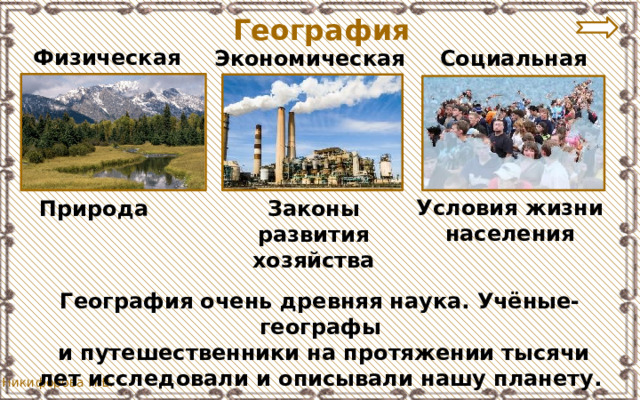 География Физическая Экономическая Социальная Условия жизни населения Природа Законы развития хозяйства География очень древняя наука. Учёные-географы  и путешественники на протяжении тысячи лет исследовали и описывали нашу планету. 