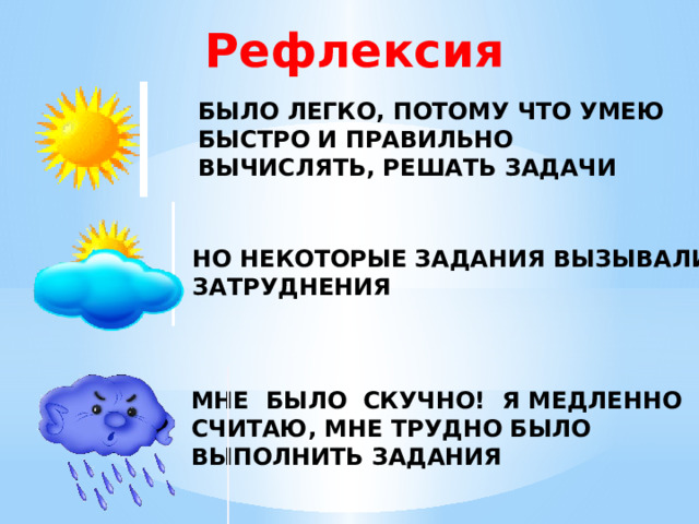 Рефлексия БЫЛО ЛЕГКО, ПОТОМУ ЧТО УМЕЮ БЫСТРО И ПРАВИЛЬНО ВЫЧИСЛЯТЬ, РЕШАТЬ ЗАДАЧИ  НО НЕКОТОРЫЕ ЗАДАНИЯ ВЫЗЫВАЛИ ЗАТРУДНЕНИЯ МНЕ БЫЛО СКУЧНО! Я МЕДЛЕННО СЧИТАЮ, МНЕ ТРУДНО БЫЛО ВЫПОЛНИТЬ ЗАДАНИЯ 
