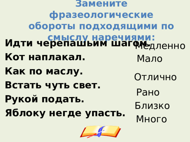 Замените фразеологические обороты подходящими по смыслу наречиями: Идти черепашьим шагом. Кот наплакал. Как по маслу. Встать чуть свет. Рукой подать. Яблоку негде упасть. Медленно  Мало  Отлично  Рано  Близко   Много   