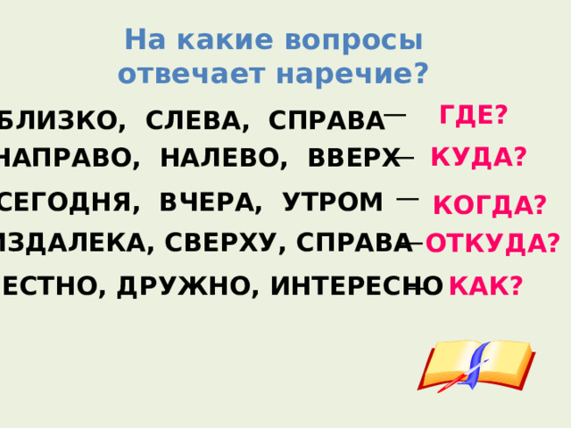 На какие вопросы отвечает наречие? __ ГДЕ? БЛИЗКО, СЛЕВА, СПРАВА __ КУДА? НАПРАВО, НАЛЕВО, ВВЕРХ __  СЕГОДНЯ, ВЧЕРА, УТРОМ КОГДА? __  ИЗДАЛЕКА, СВЕРХУ, СПРАВА ОТКУДА? __  ЧЕСТНО, ДРУЖНО, ИНТЕРЕСНО КАК? 