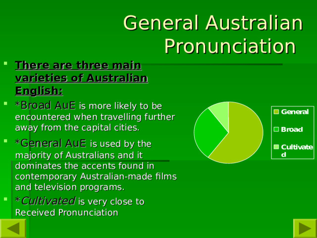 General Australian Pronunciation  There are three main varieties of Australian English: *Broad AuE is more likely to be encountered when travelling further away from the capital cities. *General AuE  is used by the majority of Australians and it dominates the accents found in contemporary Australian-made films and television programs.  * Cultivated  is very close to Received Pronunciation     