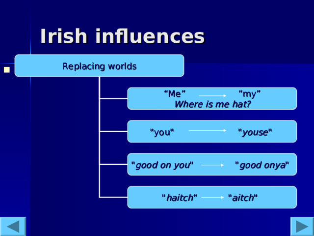 Irish influences  Replacing worlds “ Me” “my” Where is me hat? 