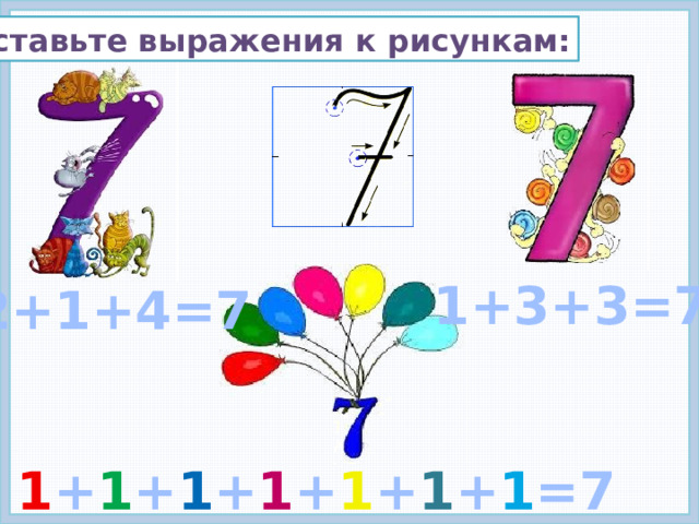 Составьте выражения к рисункам: 1+3+3=7 2+1+4=7 1 + 1 + 1 + 1 + 1 + 1 + 1 =7 