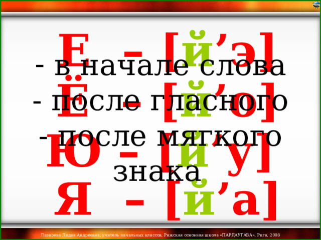 Е  – [ й ’ э ]  в начале слова  - после гласного  - после мягкого знака  Ё  – [ й ’ о ] Ю – [ й ’ у ] Я  – [ й ’ а ] 