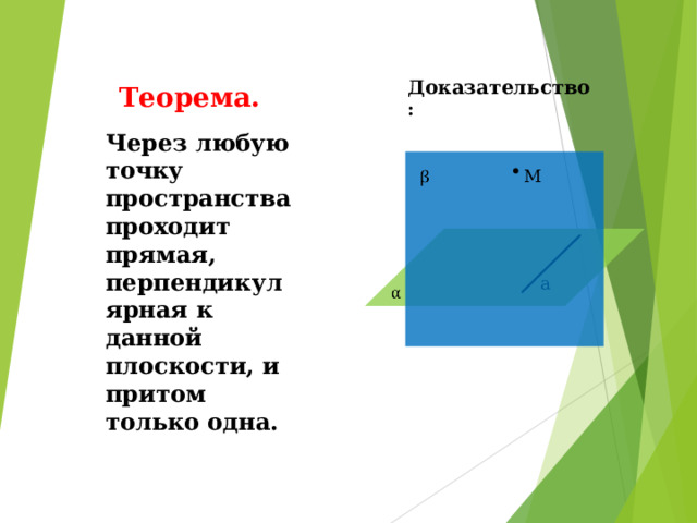 Доказательство : Теорема. Через любую точку пространства проходит прямая, перпендикулярная к данной плоскости, и притом только одна. М a 