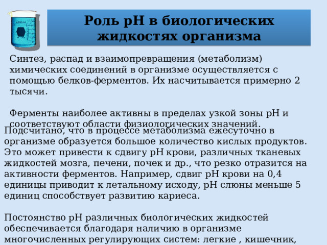 Роль рН в биологических жидкостях организма Синтез, распад и взаимопревращения (метаболизм) химических соединений в организме осуществляется с помощью белков-ферментов. Их насчитывается примерно 2 тысячи. Ферменты наиболее активны в пределах узкой зоны рН и соответствуют области физиологических значений. Подсчитано, что в процессе метаболизма ежесуточно в организме образуется большое количество кислых продуктов. Это может привести к сдвигу рН крови, различных тканевых жидкостей мозга, печени, почек и др., что резко отразится на активности ферментов. Например, сдвиг рН крови на 0,4 единицы приводит к летальному исходу, рН слюны меньше 5 единиц способствует развитию кариеса. Постоянство рН различных биологических жидкостей обеспечивается благодаря наличию в организме многочисленных регулирующих систем: легкие , кишечник, почки, кожа и др. 