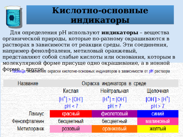 Кислотно-основные индикаторы  Для определения рН используют индикаторы – вещества органической природы, которые по-разному окрашиваются в растворах в зависимости от реакции среды. Эти соединения, например фенолфталеин, метиловый оранжевый, представляют собой слабые кислоты или основания, которым в молекулярной форме присуще одно окрашивание, а в ионной форме – другое. 