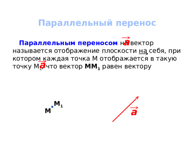 Параллельный перенос a  Параллельным переносом на вектор называется отображение плоскости на себя, при котором каждая точка М отображается в такую точку М 1 , что вектор ММ 1 равен вектору a М 1 a М 
