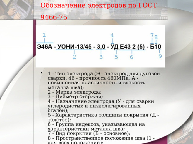 Обозначение электродов по ГОСТ 9466-75  1 - Тип электрода (Э - электрод для дуговой сварки, 46 - прочность 460МПа, А - повышенная пластичность и вязкость металла шва);  2 - Марка электрода;  3 - Диаметр стержня;  4 - Назначение электрода (У - для сварки углеродистых и низколегированных сталей);  5 - Характеристика толщины покрытия (Д - толстое);  6 - Группа индексов, указывающая на характеристики металла шва;  7 - Вид покрытия (Б - основное);  8 - Пространственное положение шва (1 - для всех положений);  9 - Род тока (0 - постоянный, обратной полярности). 