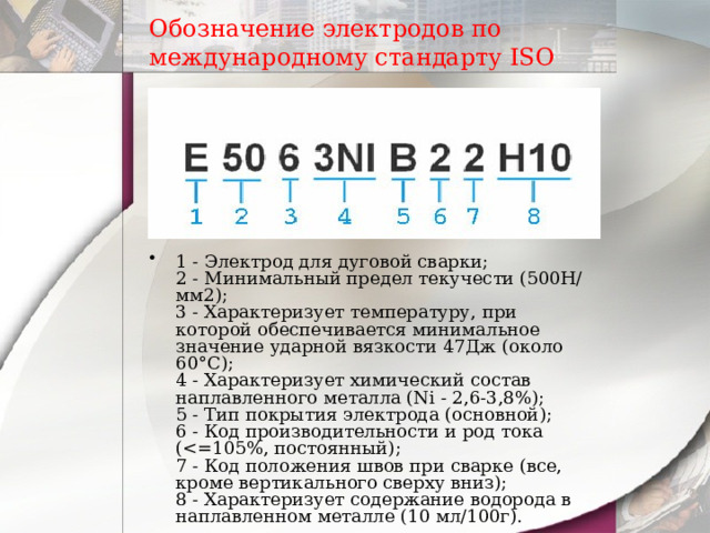 Обозначение электродов по международному стандарту ISO 1 - Электрод для дуговой сварки;  2 - Минимальный предел текучести (500Н/мм2);  3 - Характеризует температуру, при которой обеспечивается минимальное значение ударной вязкости 47Дж (около 60°C);  4 - Характеризует химический состав наплавленного металла (Ni - 2,6-3,8%);  5 - Тип покрытия электрода (основной);  6 - Код производительности и род тока (