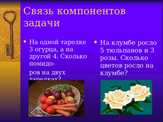 Связь компонентов задачи На одной тарелке 3 огурца, а на другой 4. Сколько помидо- На клумбе росло 5 тюльпанов и 3 розы. Сколько цветов росло на клумбе?  ров на двух тарелках? 