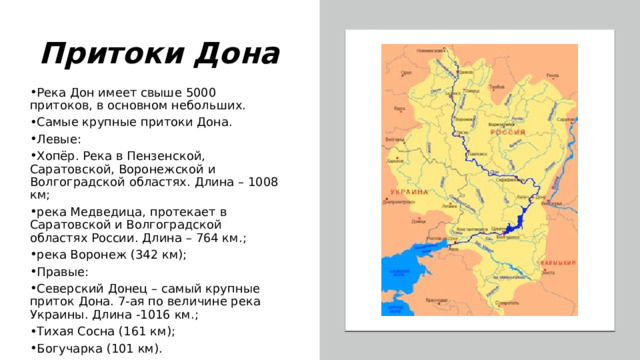 Притоки Дона Река Дон имеет свыше 5000 притоков, в основном небольших. Самые крупные притоки Дона. Левые: Хопёр. Река в Пензенской, Саратовской, Воронежской и Волгоградской областях. Длина – 1008 км; река Медведица, протекает в Саратовской и Волгоградской областях России. Длина – 764 км.; река Воронеж (342 км); Правые: Северский Донец – самый крупные приток Дона. 7-ая по величине река Украины. Длина -1016 км.; Тихая Сосна (161 км); Богучарка (101 км). 