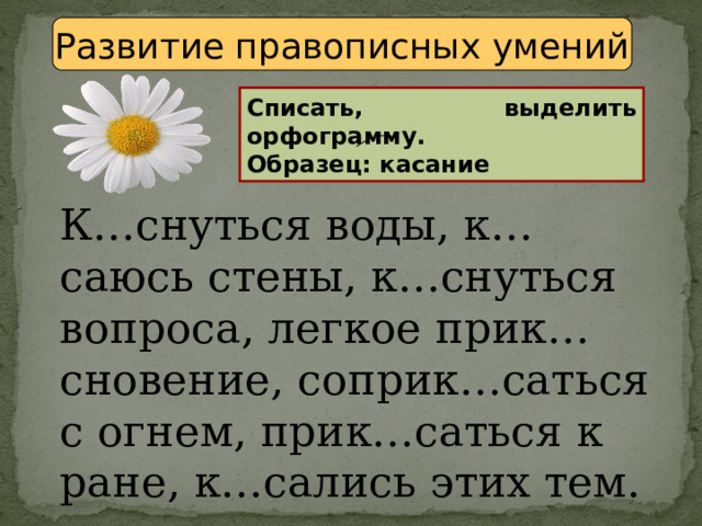 Развитие правописных умений Списать, выделить орфограмму. Образец: касание К…снуться воды, к…саюсь стены, к…снуться вопроса, легкое прик…сновение, соприк…саться с огнем, прик…саться к ране, к…сались этих тем. 