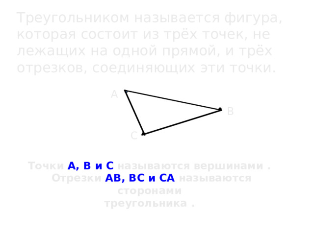 Треугольником называется фигура,  которая состоит из трёх точек, не лежащих на одной прямой, и трёх отрезков, соединяющих эти точки. А В С Точки А, В и С называются вершинами . Отрезки АВ, ВС и СА называются сторонами треугольника .  
