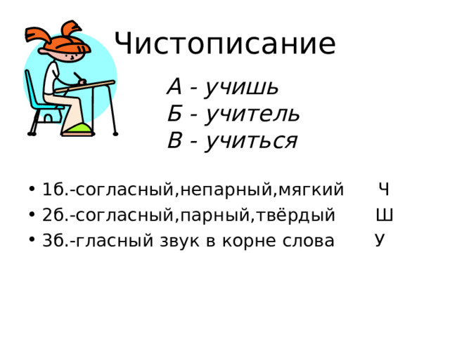 Чистописание А - учишь Б - учитель В - учиться 1б.-согласный,непарный,мягкий Ч 2б.-согласный,парный,твёрдый Ш 3б.-гласный звук в корне слова У  