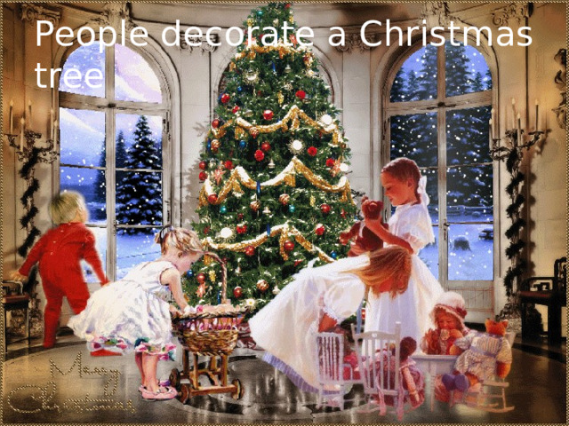 People decorate a Christmas tree 