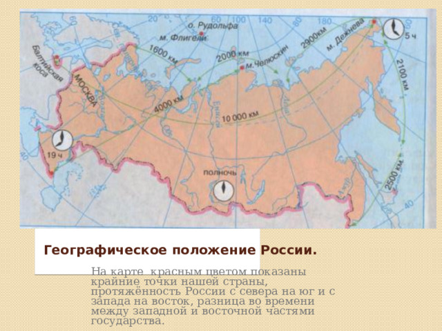 Вставка рисунка  Географическое положение России. На карте красным цветом показаны крайние точки нашей страны, протяжённость России с севера на юг и с запада на восток, разница во времени между западной и восточной частями государства.  