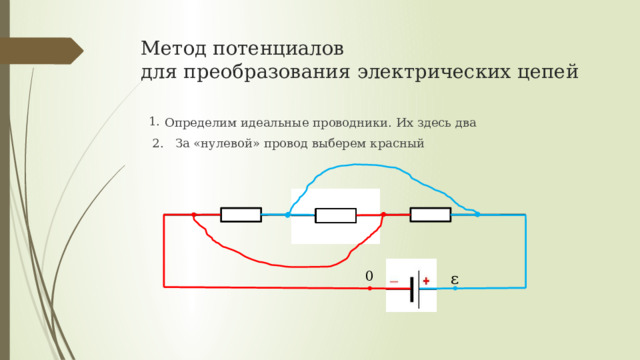 Метод потенциалов  для преобразования электрических цепей 1.  Определим идеальные проводники. Их здесь два  2. За «нулевой» провод выберем красный 0 ε 