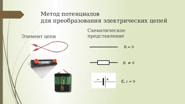 Метод потенциалов  для преобразования электрических цепей Схематическое представление Элемент цепи R = 0 R ≠ 0 ε , r = 0 