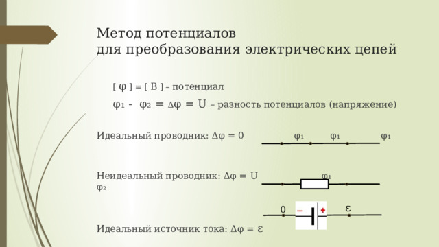 Метод потенциалов  для преобразования электрических цепей  [ φ ] = [ B ] – потенциал   φ₁ - φ₂ = Δ φ = U – разность потенциалов (напряжение) Идеальный проводник: Δφ = 0     φ₁ φ₁ φ₁ Неидеальный проводник: Δφ = U φ₁ φ₂ Идеальный источник тока: Δφ = ε ε 0 