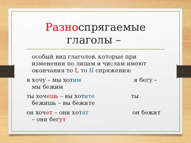 Разно спрягаемые глаголы –  особый вид глаголов, которые при изменении по лицам и числам имеют окончания то I , то II спряжения: я хочу – мы хот им я бегу – мы беж им ты хоч ешь – вы хот ите ты беж ишь – вы беж ите он хоч ет – они хот ят он беж ит – они бег ут 