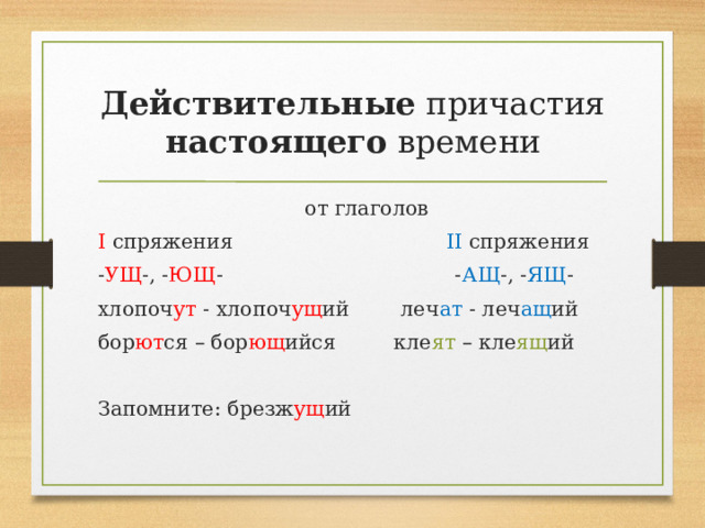 Действительные причастия настоящего времени  от глаголов I спряжения II спряжения - УЩ -, - ЮЩ - - АЩ -, - ЯЩ - хлопоч ут - хлопоч ущ ий леч ат - леч ащ ий бор ют ся – бор ющ ийся кле ят – кле ящ ий Запомните: брезж ущ ий 