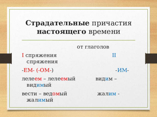 Страдательные причастия настоящего времени  от глаголов I спряжения II спряжения - ЕМ- (-ОМ- ) - ИМ - леле ем – леле ем ый вид и м – вид им ый вести – вед ом ый жал им - жал им ый 