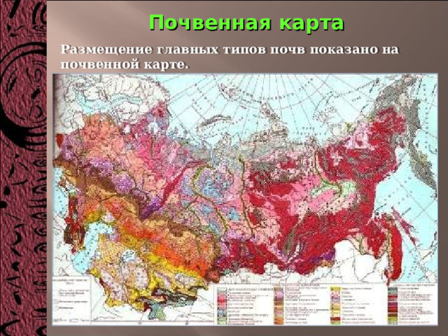 Почвенная карта Размещение главных типов почв показано на почвенной карте. 