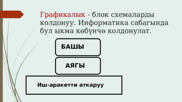 Графикалык - блок схемаларды колдонуу. Информатика сабагында бул ыкма көбүнчө колдонулат. БАШЫ АЯГЫ Иш-аракетти аткаруу 