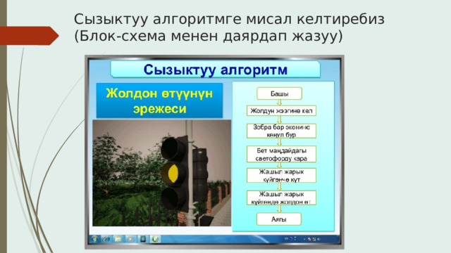 Сызыктуу алгоритмге мисал келтиребиз (Блок-схема менен даярдап жазуу) 