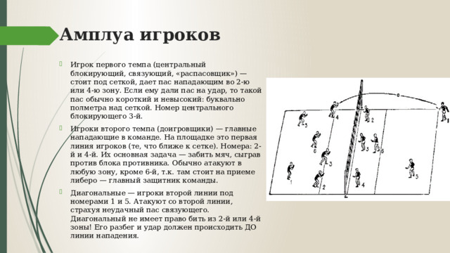 Амплуа игроков Игрок первого темпа (центральный блокирующий, связующий, «распасовщик») — стоит под сеткой, дает пас нападающим во 2-ю или 4-ю зону. Если ему дали пас на удар, то такой пас обычно короткий и невысокий: буквально полметра над сеткой. Номер центрального блокирующего 3-й. Игроки второго темпа (доигровщики) — главные нападающие в команде. На площадке это первая линия игроков (те, что ближе к сетке). Номера: 2-й и 4-й. Их основная задача — забить мяч, сыграв против блока противника. Обычно атакуют в любую зону, кроме 6-й, т.к. там стоит на приеме либеро — главный защитник команды. Диагональные — игроки второй линии под номерами 1 и 5. Атакуют со второй линии, страхуя неудачный пас связующего. Диагональный не имеет право бить из 2-й или 4-й зоны! Его разбег и удар должен происходить ДО линии нападения. 