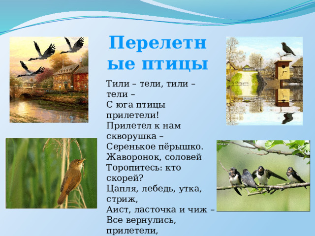 Перелетные птицы Тили – тели, тили – тели – С юга птицы прилетели! Прилетел к нам скворушка – Серенькое пёрышко. Жаворонок, соловей Торопитесь: кто скорей? Цапля, лебедь, утка, стриж, Аист, ласточка и чиж – Все вернулись, прилетели, Песни звонкие запели! 