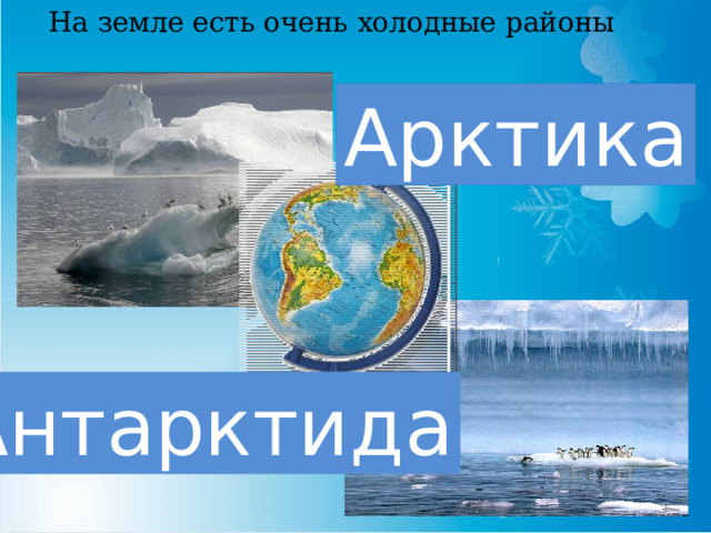 На земле есть очень холодные районы Арктика Антарктида  