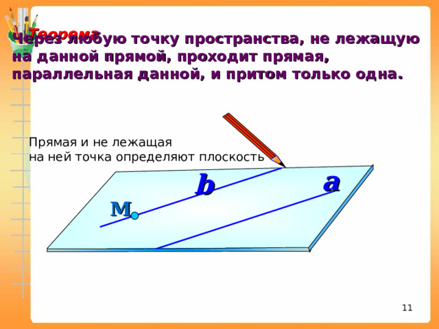  Теорема Через любую точку пространства, не лежащую на данной прямой, проходит прямая, параллельная данной, и притом только одна. Прямая и не лежащая на ней точка определяют плоскость a b М 8 