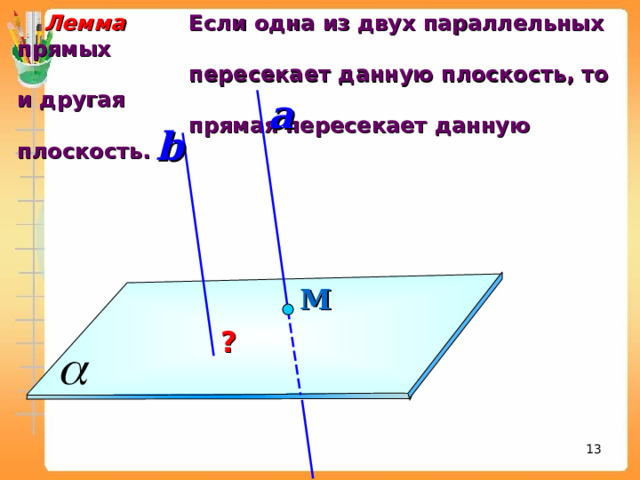  Лемма  Если одна из двух параллельных прямых   пересекает данную плоскость, то и другая   прямая пересекает данную плоскость. a b М ? 12 