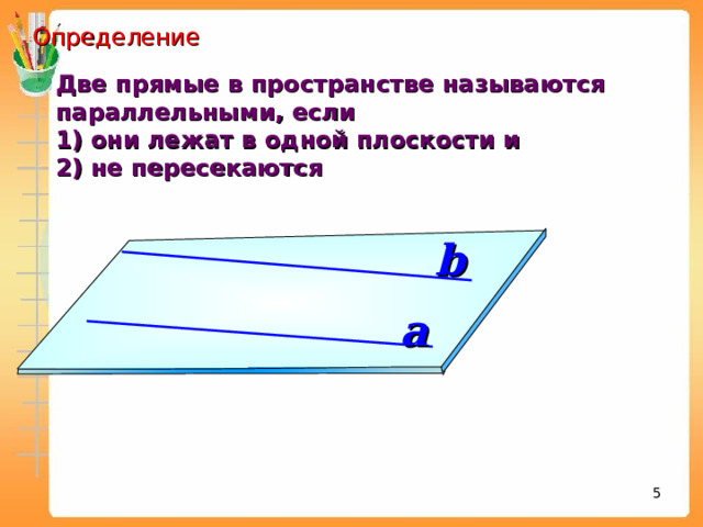  Определение Две прямые в пространстве называются параллельными, если 1) они лежат в одной плоскости и 2) не пересекаются b a 3 
